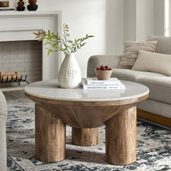 Ellison Walnut 33" Round Wood Coffee Table With Marble Top - Ornate Home