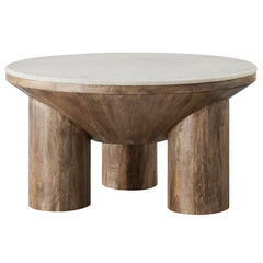 Ellison Walnut 33" Round Wood Coffee Table With Marble Top - Ornate Home