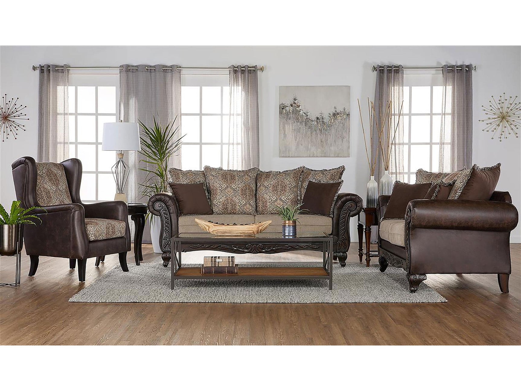 Elmbrook Brown 3-piece Upholstered Rolled Arm Sofa Set - Ornate Home