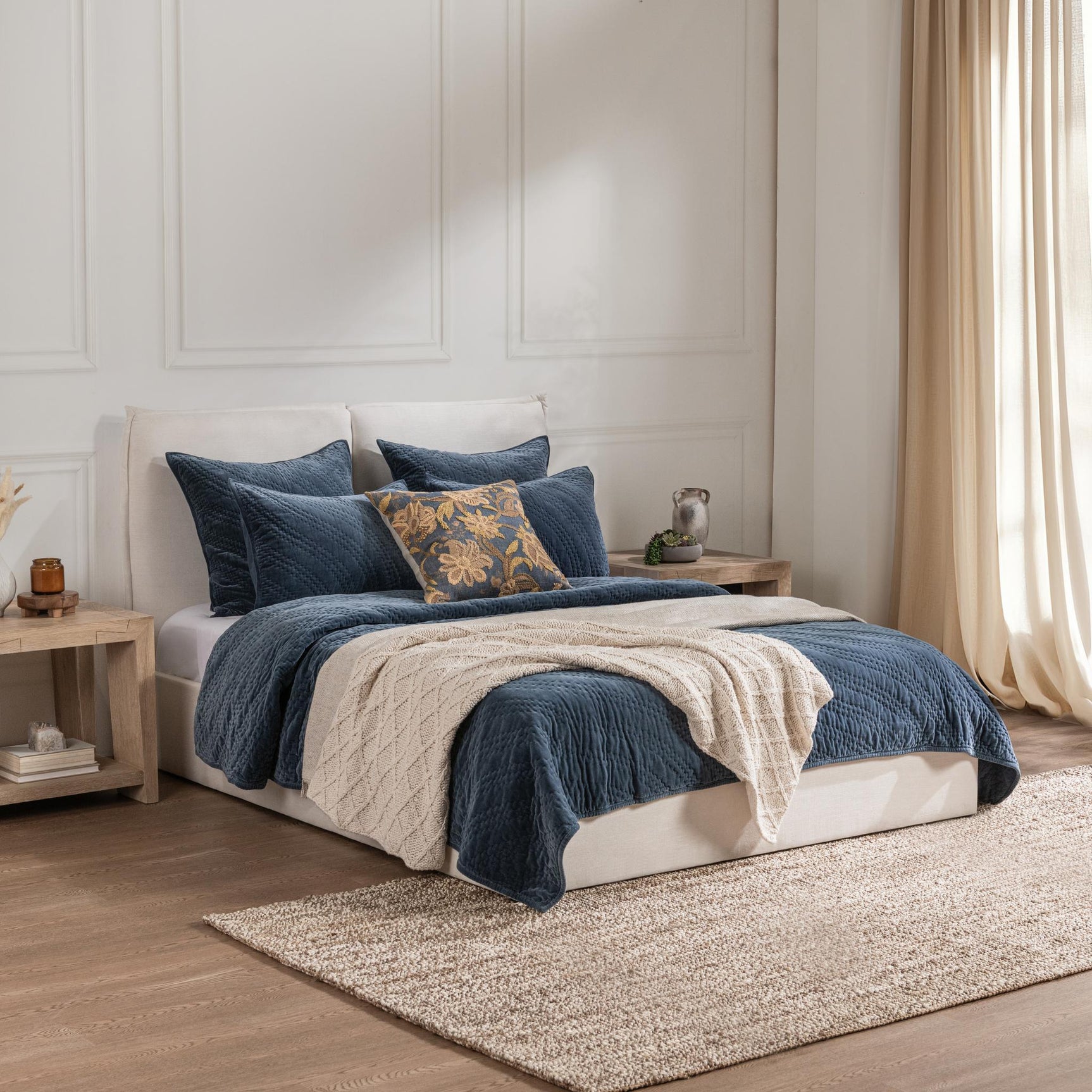 Elms Crisp Blue Velvet Quilt Collection - Ornate Home