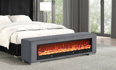 Elnath Gray Bench w/ Visual Wood Log Fireplace - Ornate Home