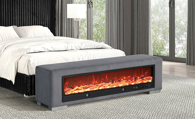 Elnath Gray Bench w/ Visual Wood Log Fireplace - Ornate Home