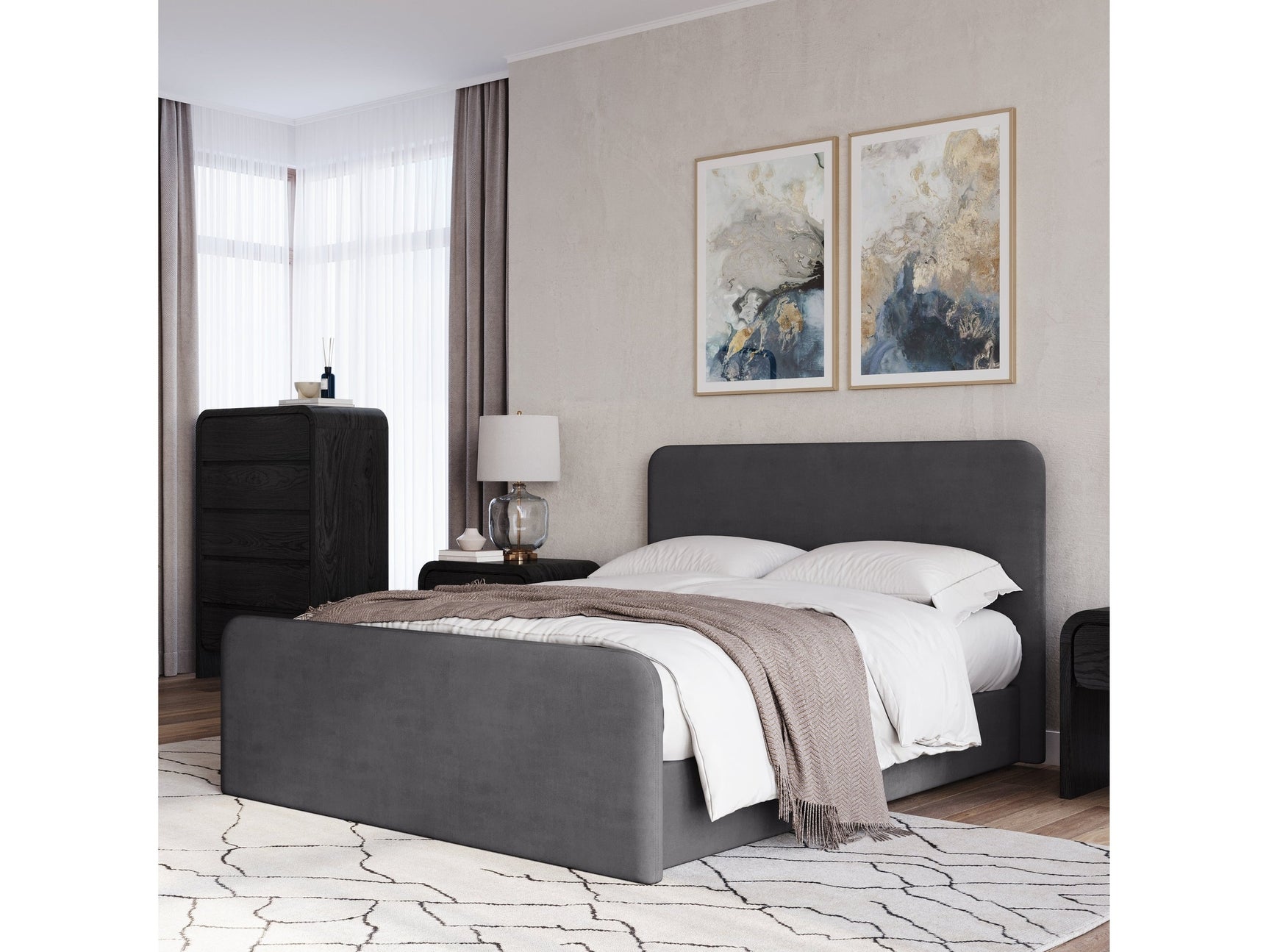 Elora Fully Upholstered Queen Platform Bed in Charcoal Velvet - Ornate Home