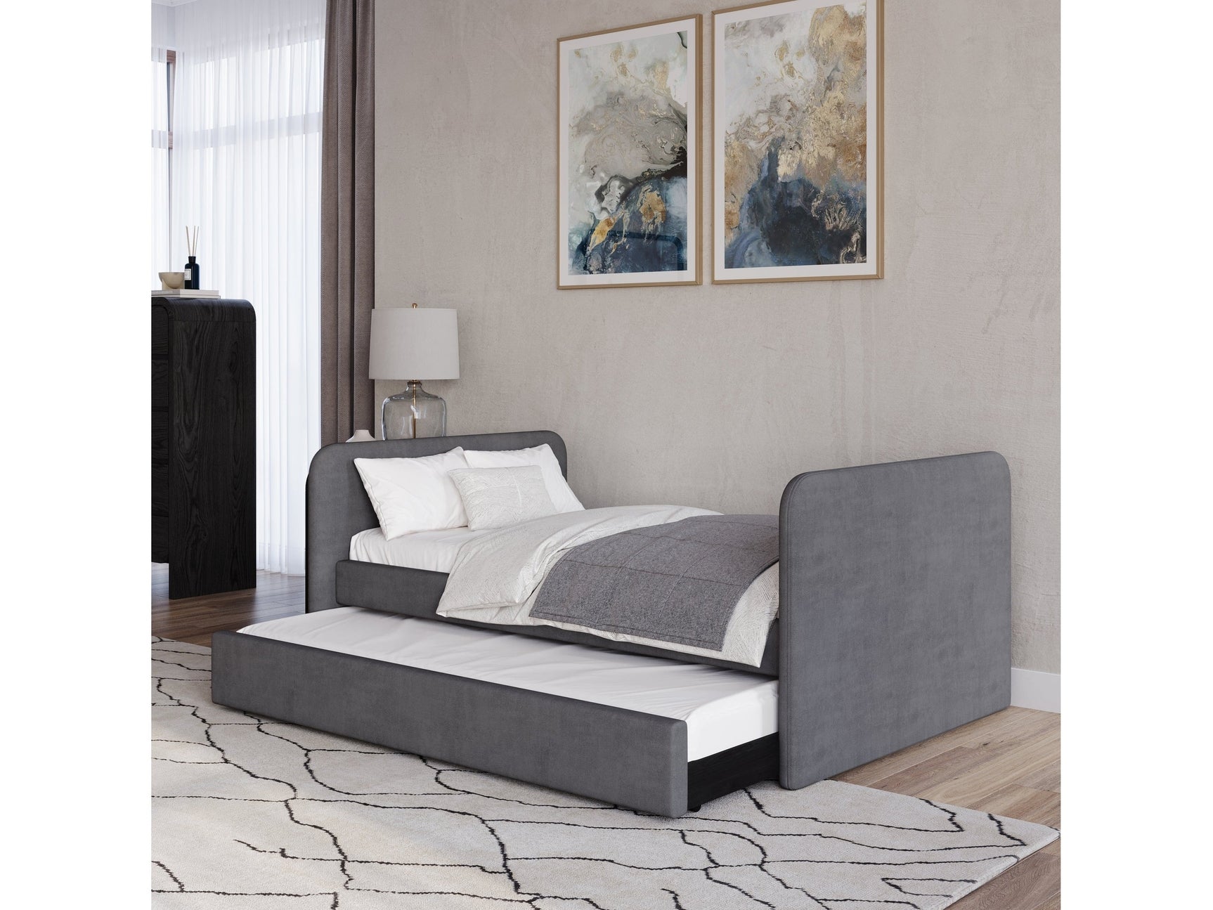 Elora Upholstered Daybed with Trundle in Charcoal Velvet - Ornate Home