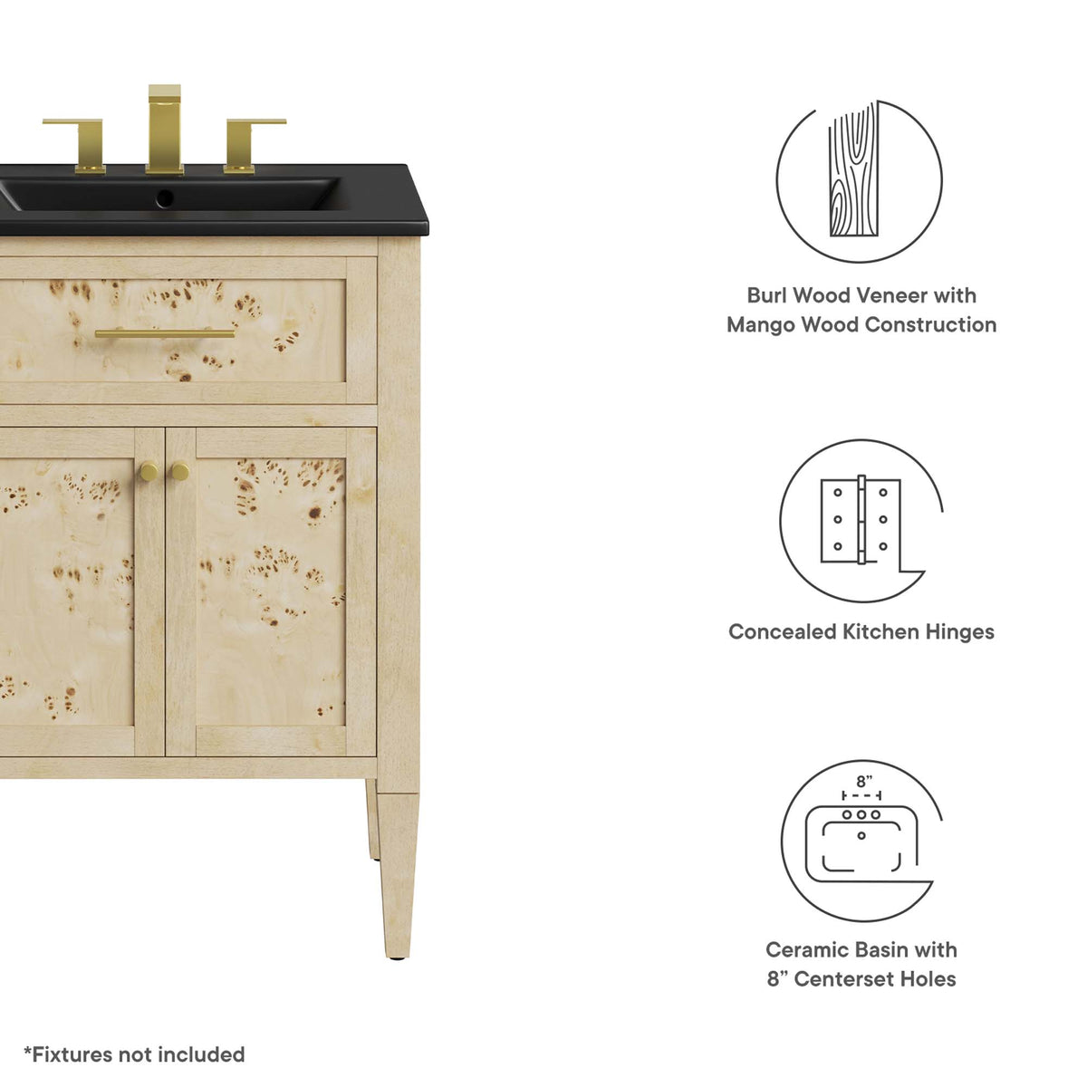 Elysian Black/Burl 24" Wood Bathroom Vanity - Ornate Home