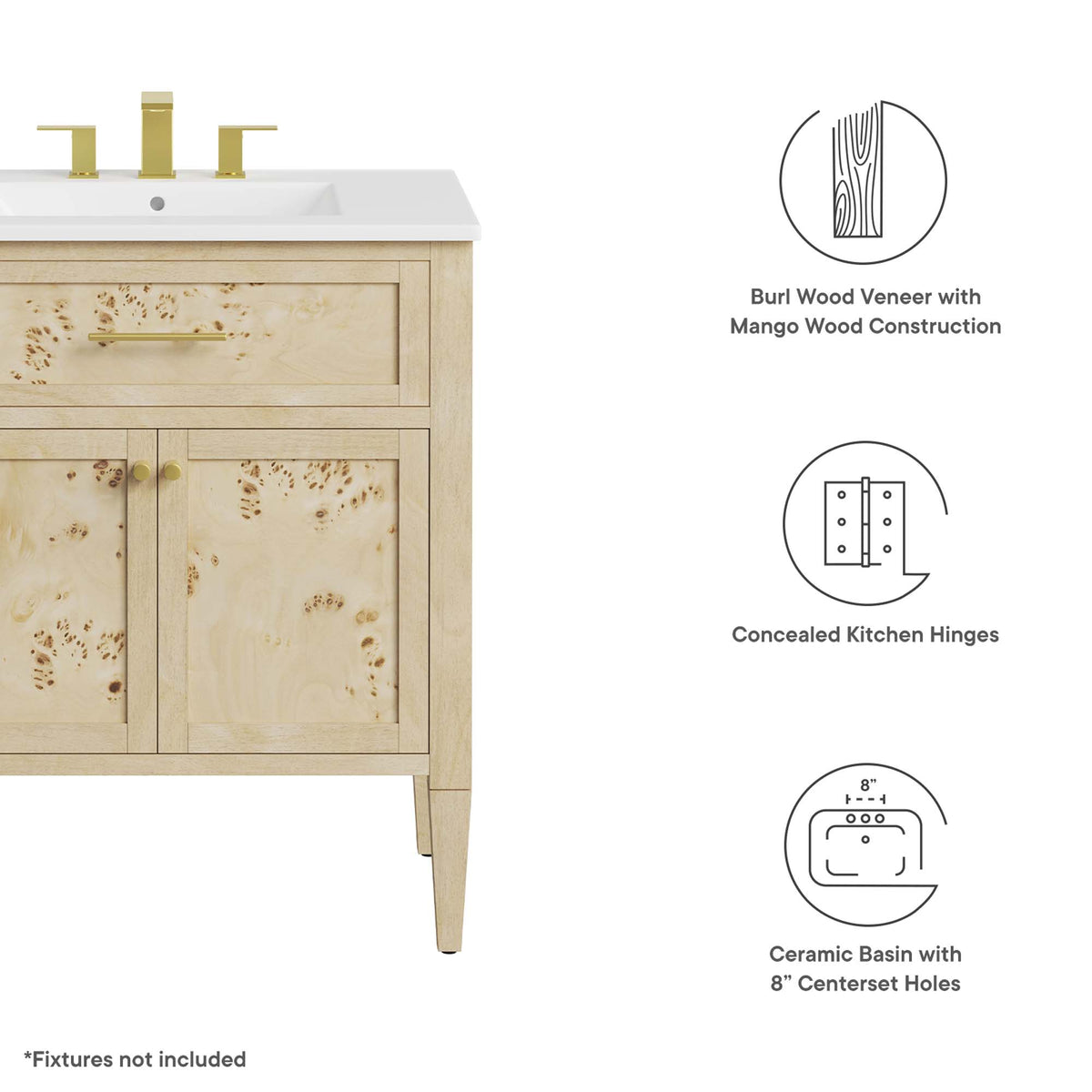Elysian White/Burl 30" Wood Bathroom Vanity - Ornate Home