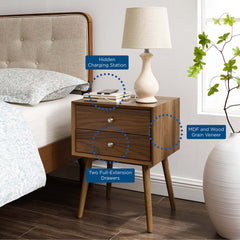 Ember Walnut Wood Nightstand With USB Ports - Ornate Home