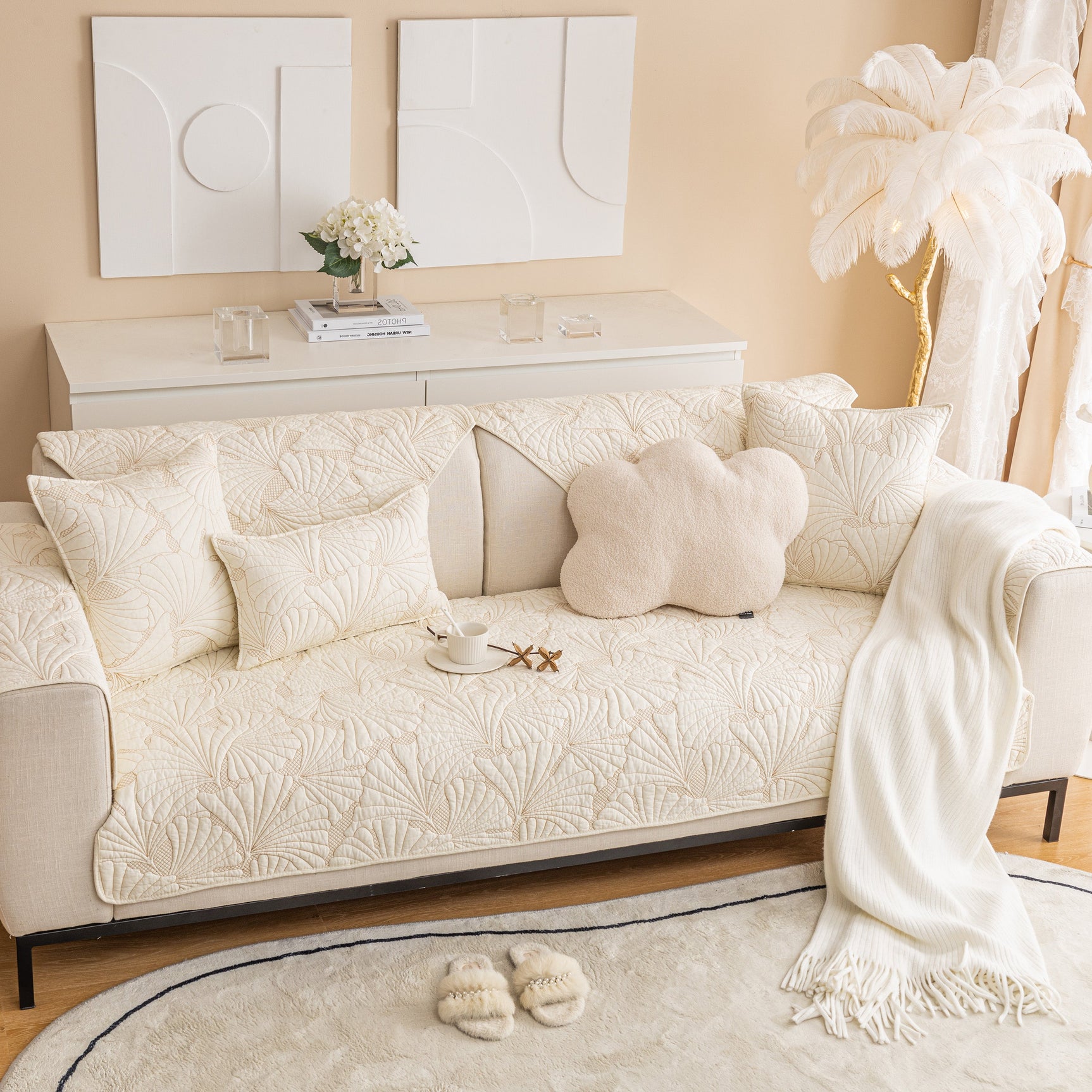 Embossed Leaf Cotton Quilted Sofa Cover Non-Slip Couch Protector with Thick Padding
