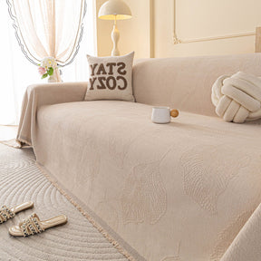 Embossed Leaf Pattern Couch Cover Throw Blanket, Japandi Furniture Cover Protector - Ornate Home