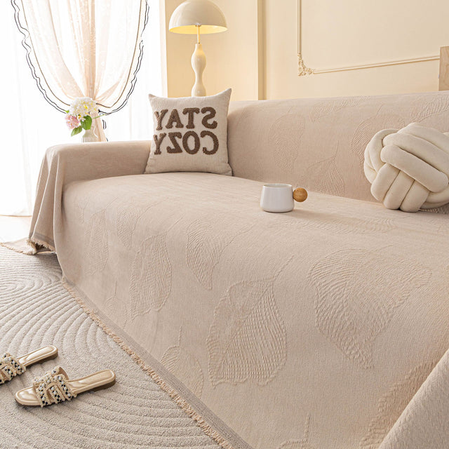 Embossed Leaf Pattern Couch Cover Throw Blanket, Japandi Furniture Cover Protector - Ornate Home