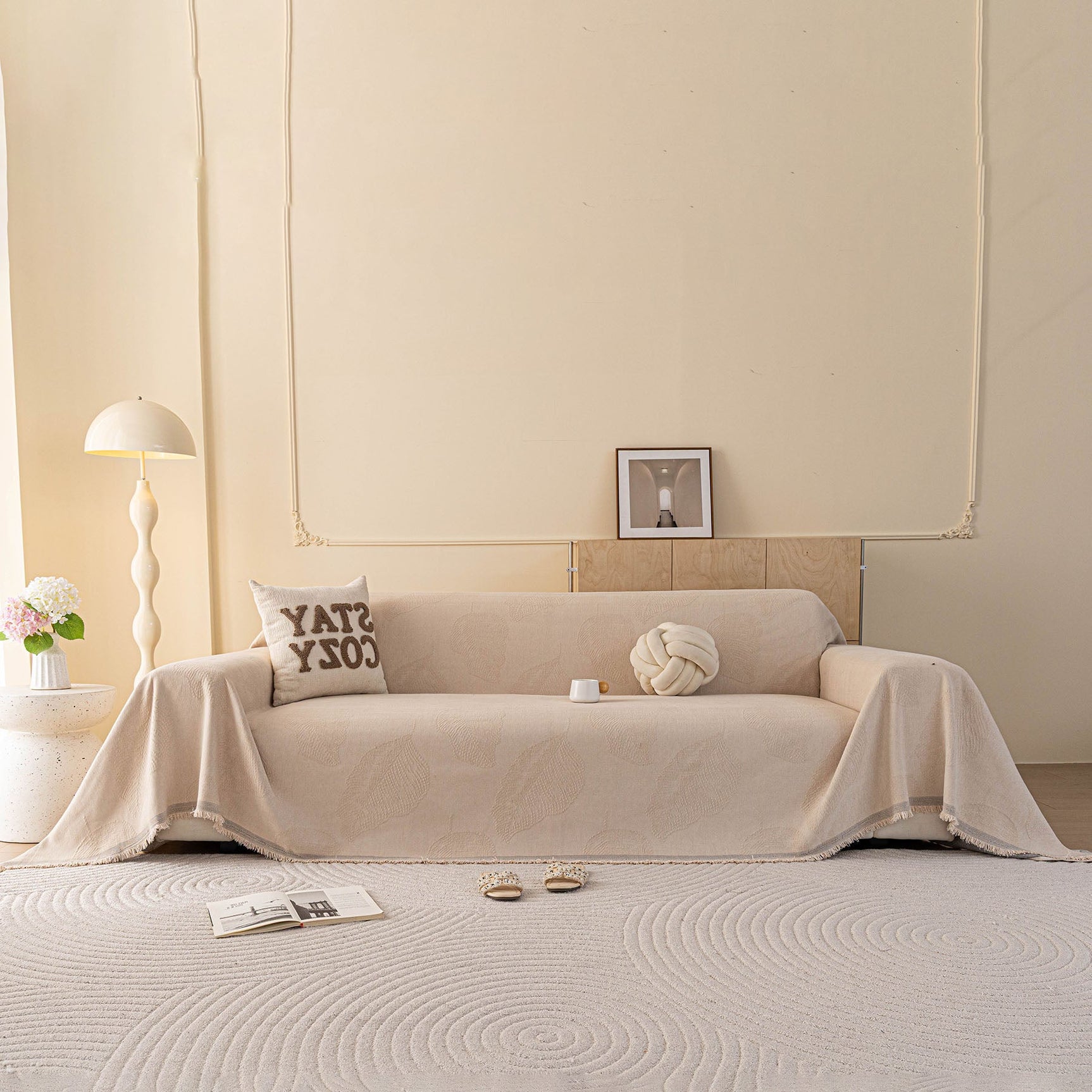 Embossed Leaf Pattern Couch Cover Throw Blanket, Japandi Furniture Cover Protector - Ornate Home