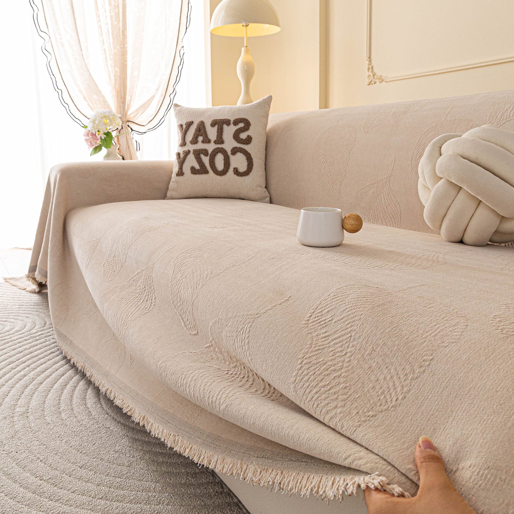 Embossed Leaf Pattern Couch Cover Throw Blanket, Japandi Furniture Cover Protector - Ornate Home