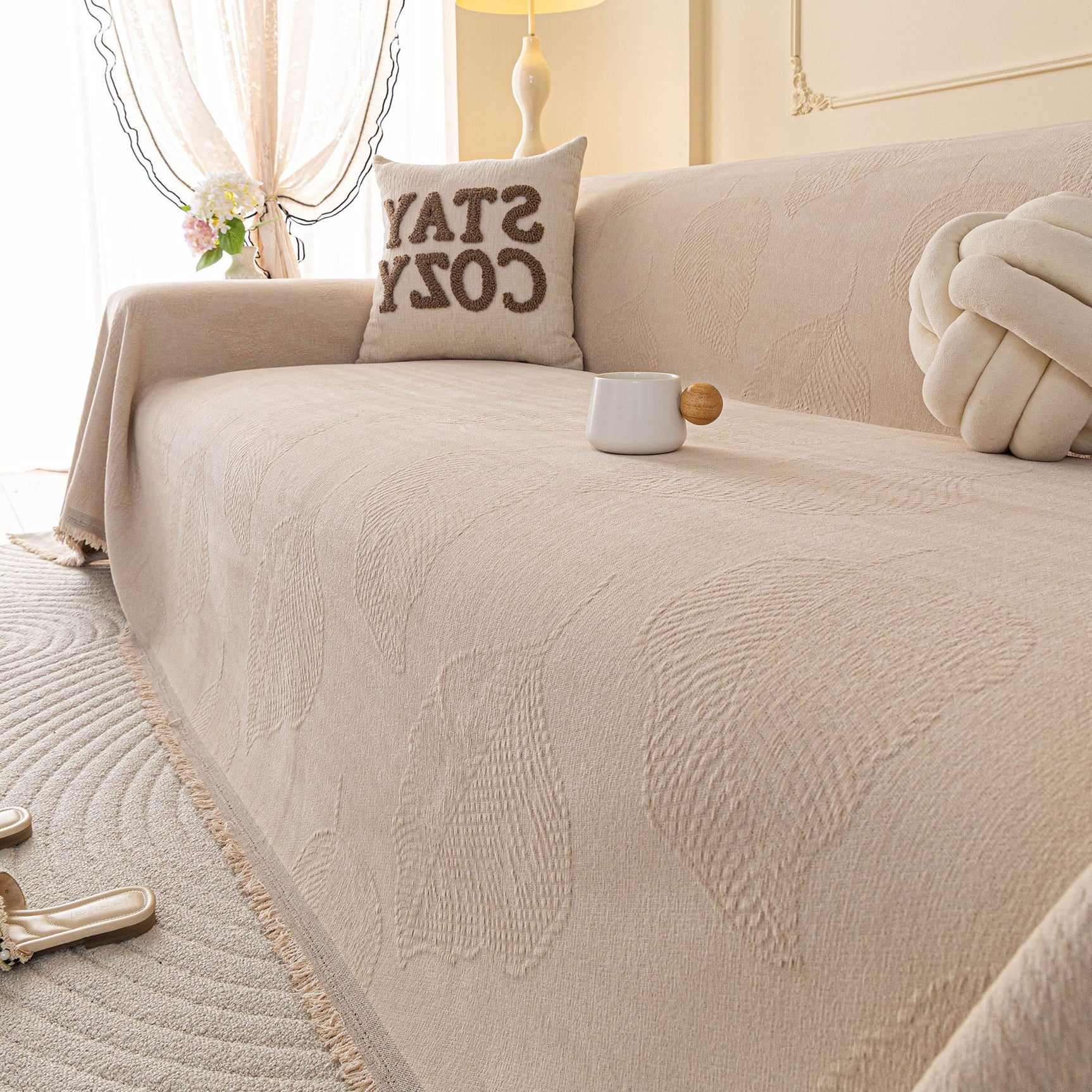 Embossed Leaf Pattern Couch Cover Throw Blanket, Japandi Furniture Cover Protector - Ornate Home