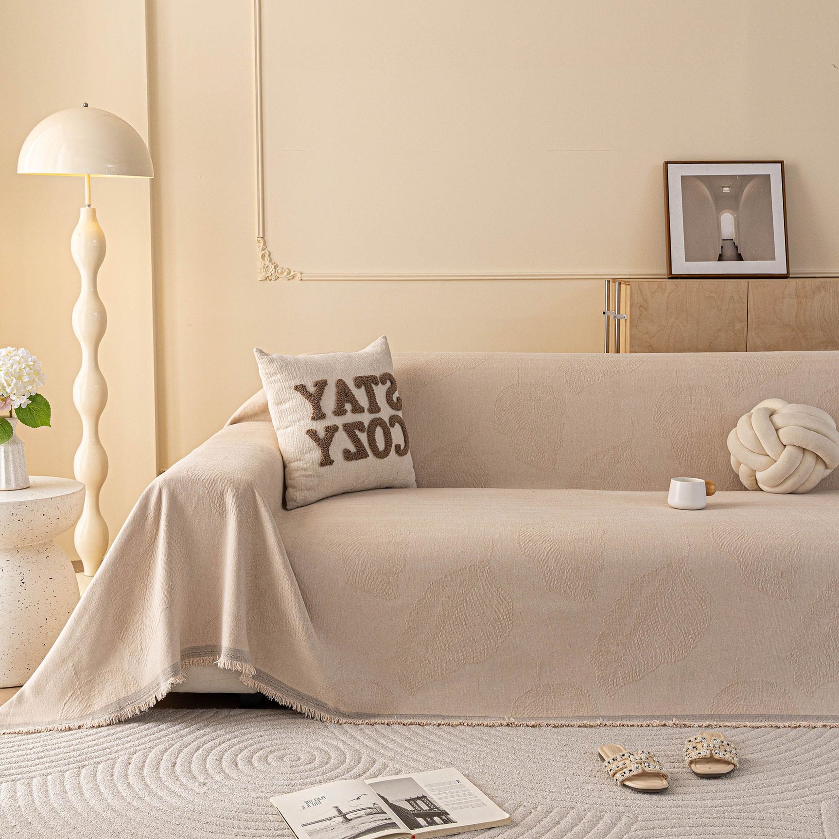 Embossed Leaf Pattern Couch Cover Throw Blanket, Japandi Furniture Cover Protector - Ornate Home