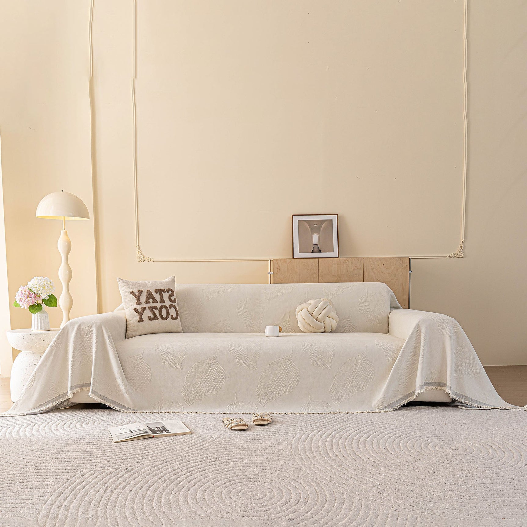 Embossed Leaf Pattern Couch Cover Throw Blanket, Japandi Furniture Cover Protector - Ornate Home