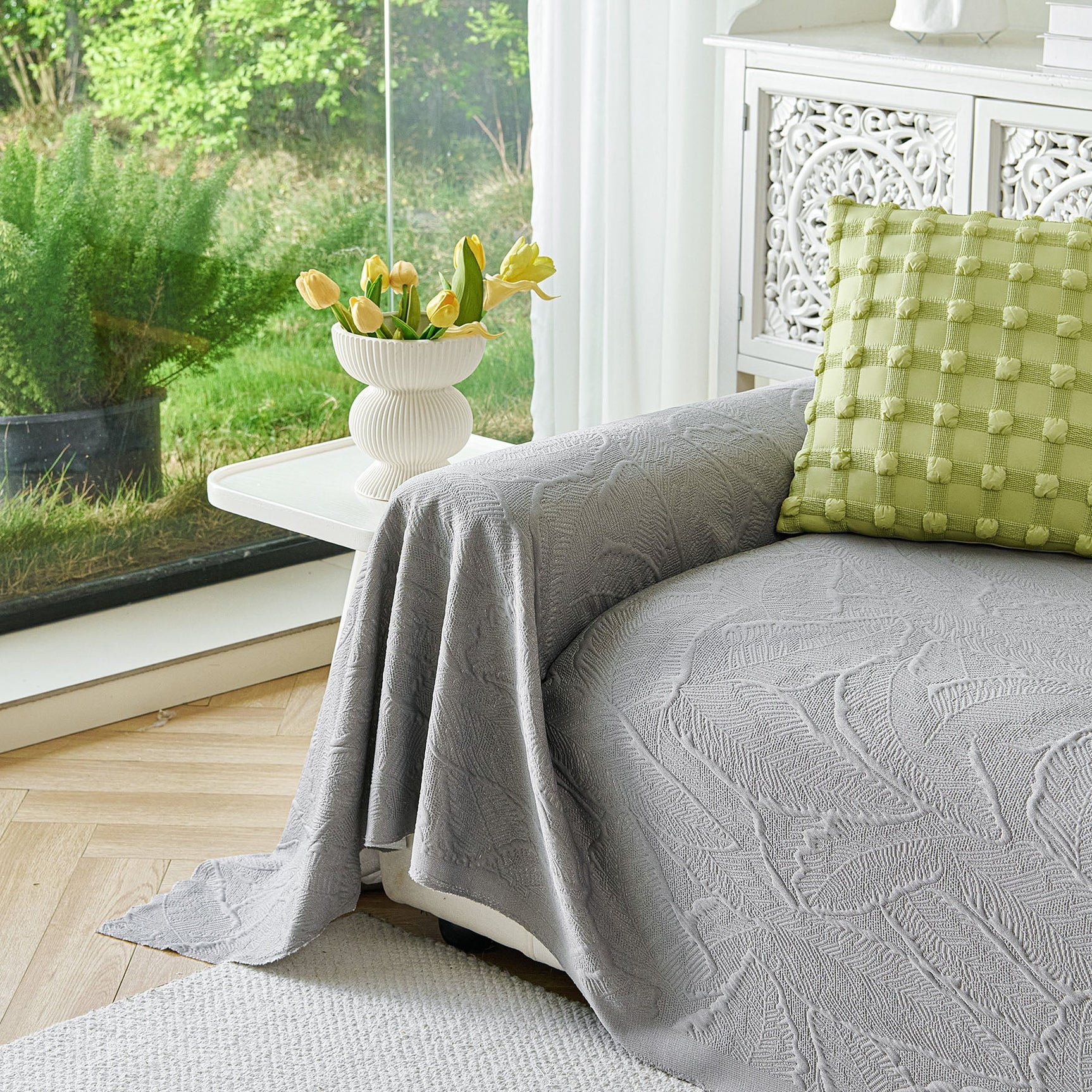 Embossed Leaf Pattern Sofa Cover Blanket for Couch, Soft Cooling Textured Couch Cover - Ornate Home