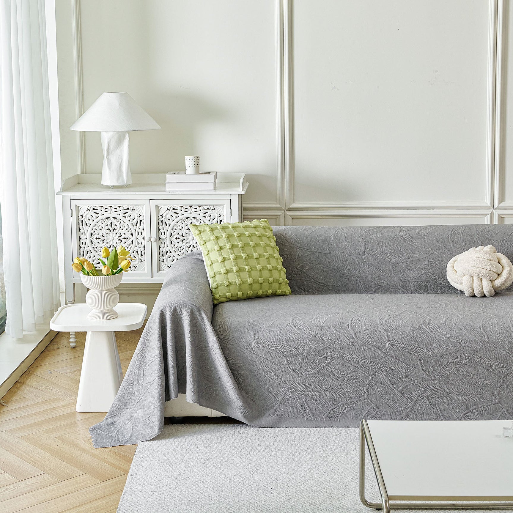 Embossed Leaf Pattern Sofa Cover Blanket for Couch, Soft Cooling Textured Couch Cover - Ornate Home
