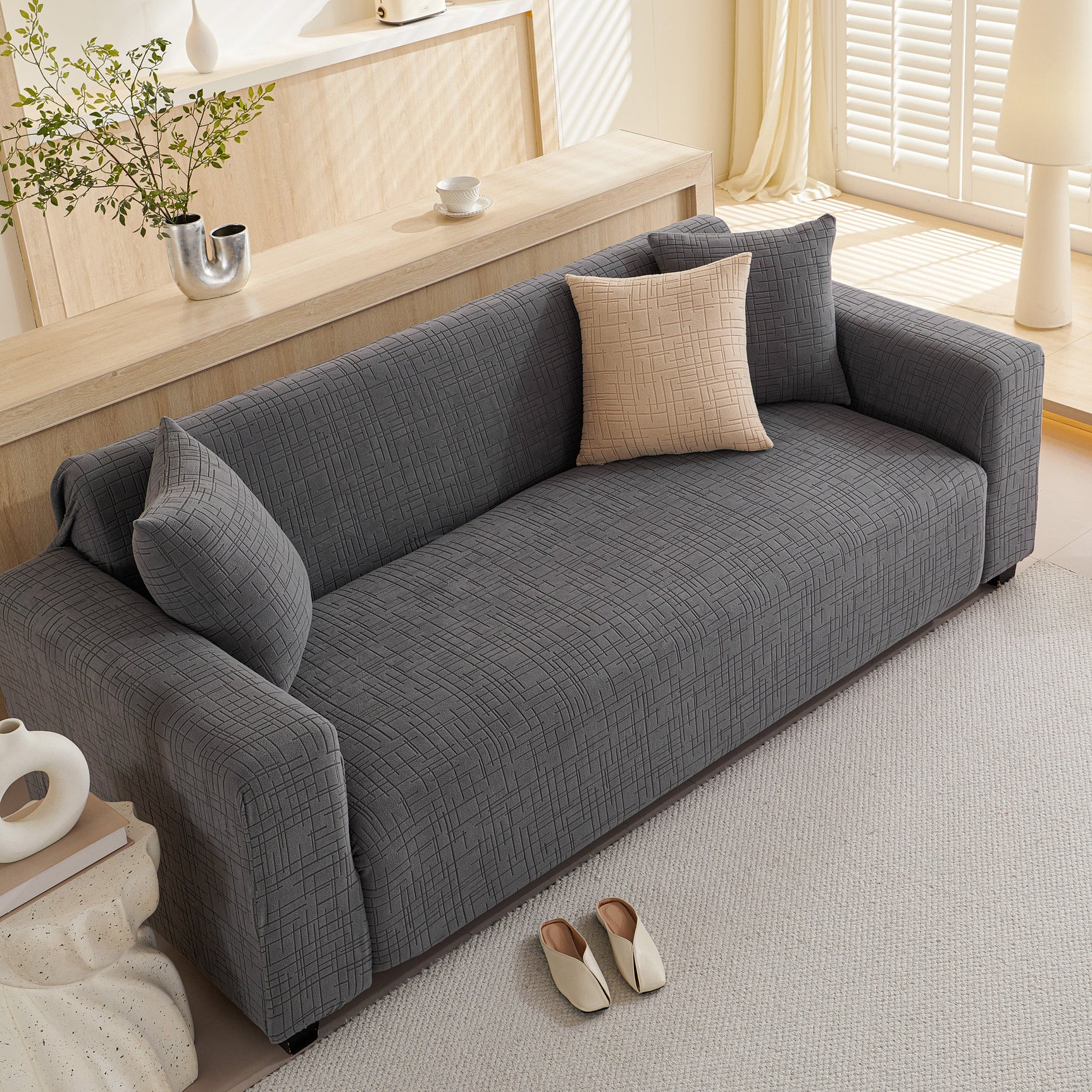 Embossed Lines Couch Covers Stretchable Non-Slip & Washable Sofa Slipcovers - Ornate Home