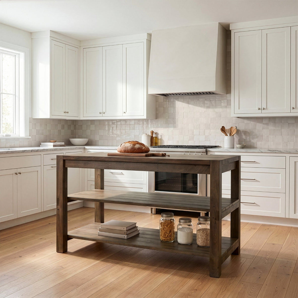 Emeril Brown Solid Wood Two-Tier Smooth Counter Top Kitchen Island - Ornate Home