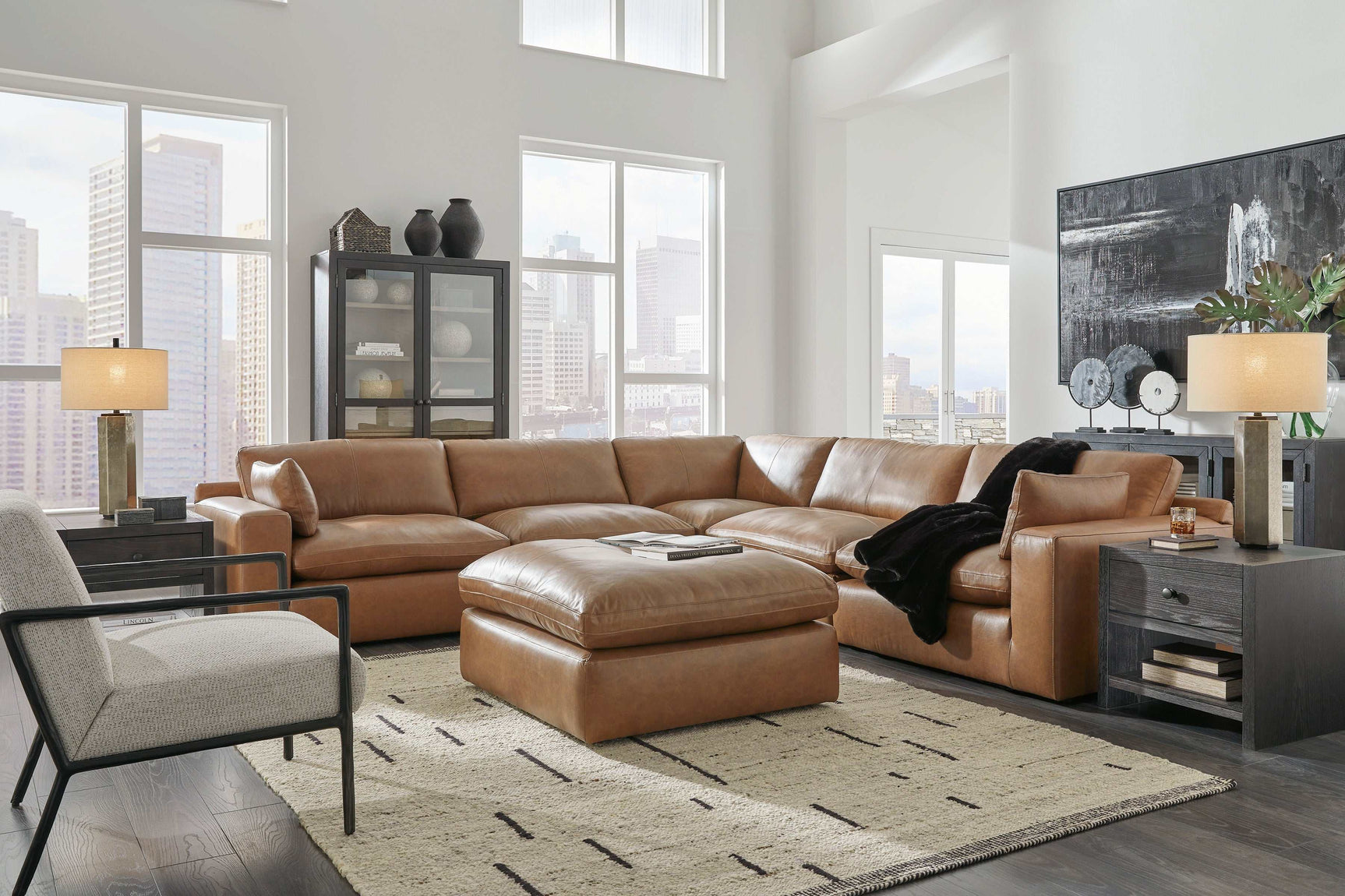Emilia Caramel Leather 5pc Modular Sectional (Online Special Price) - Ornate Home