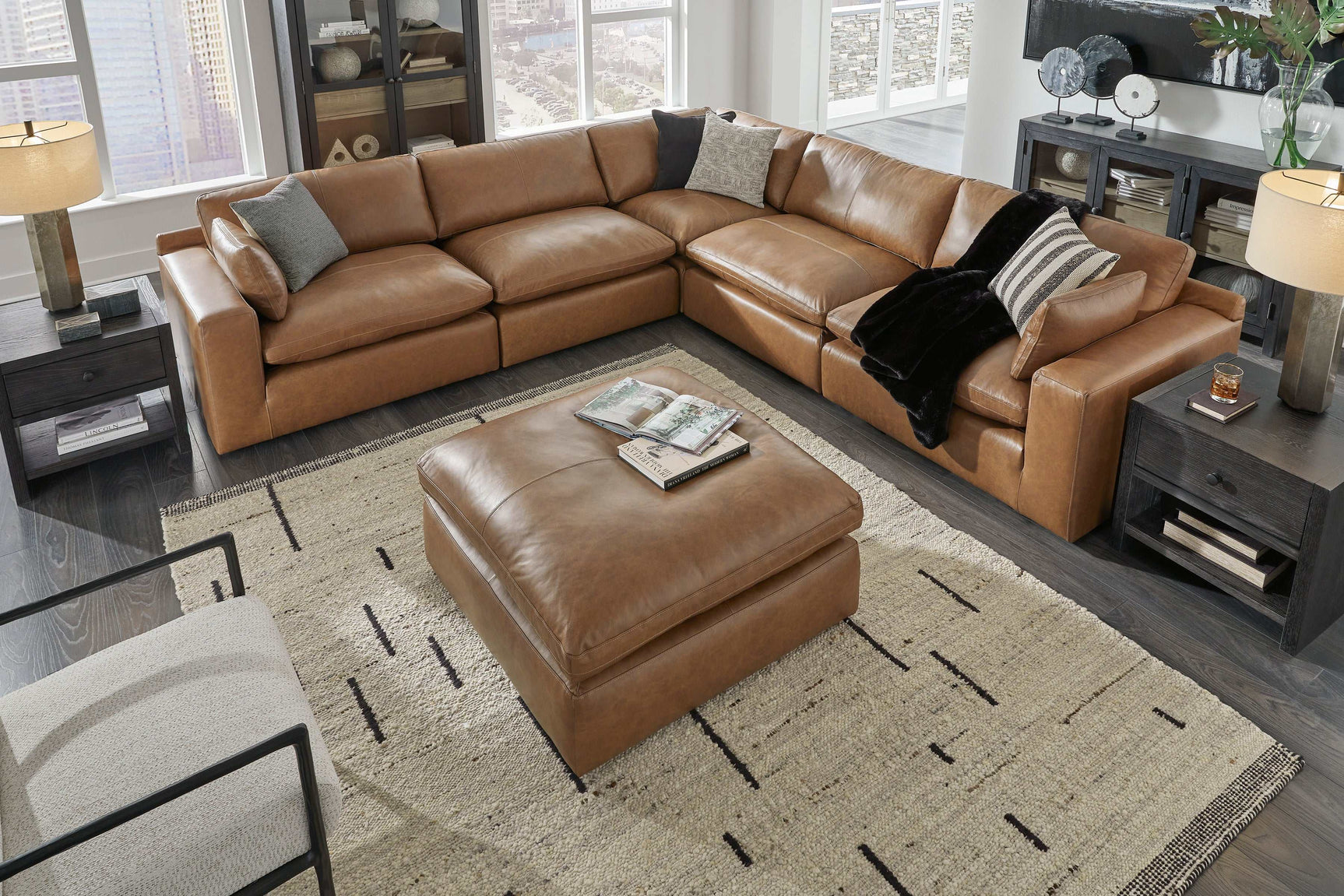 Emilia Caramel Leather 5pc Modular Sectional and Ottoman (Online Special Price) - Ornate Home