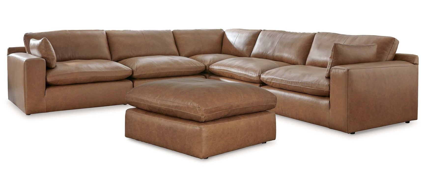 Emilia Caramel Leather 5pc Modular Sectional and Ottoman (Online Special Price) - Ornate Home
