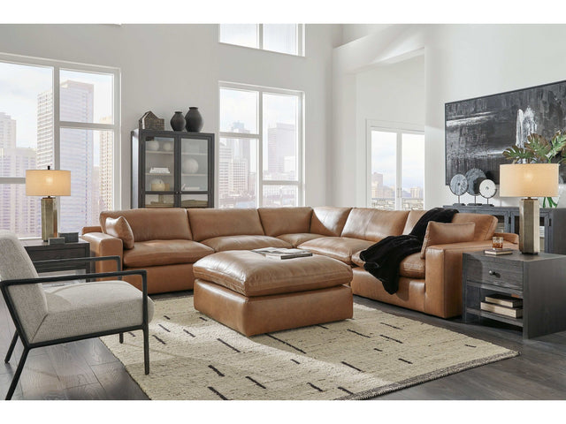 Emilia Caramel Leather 5pc Modular Sectional and Ottoman - Ornate Home