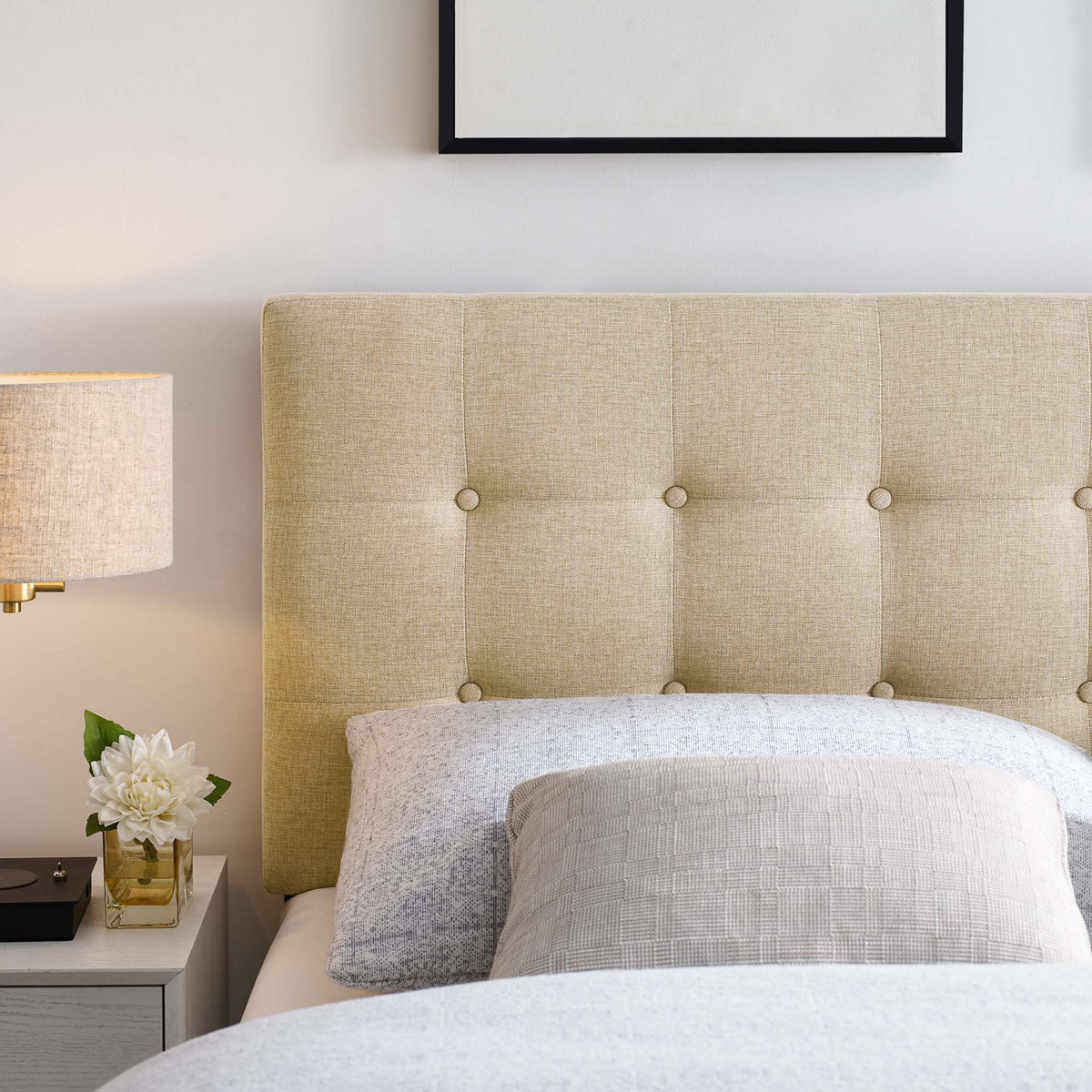 Emily Beige Upholstered Fabric King Headboard - Ornate Home