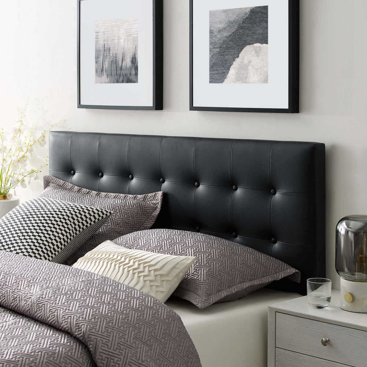 Emily Black Upholstered Vinyl Queen Headboard - Ornate Home