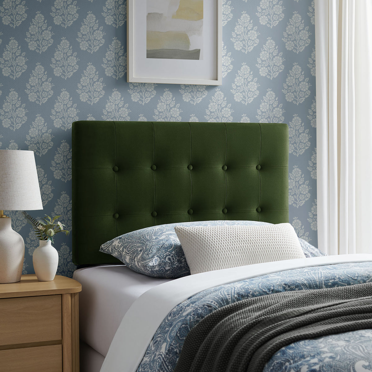 Emily Moss Green Stain-Resistant Performance Velvet Twin Size Headboard - Ornate Home