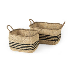 Emma Light Brown/Black Seagrass Rectangular Basket (Set of 2) - Ornate Home