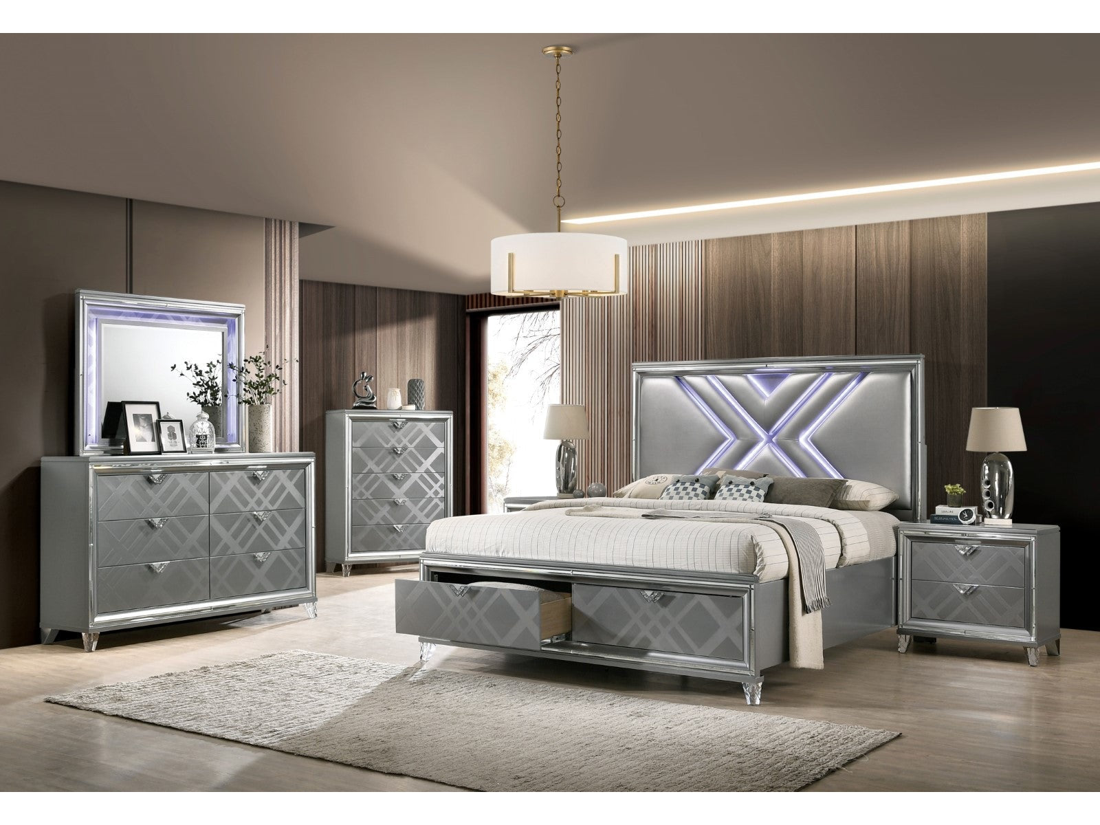 Emmeline Silver 5 Pc. Queen Bedroom Set w/ Night Stand - Ornate Home