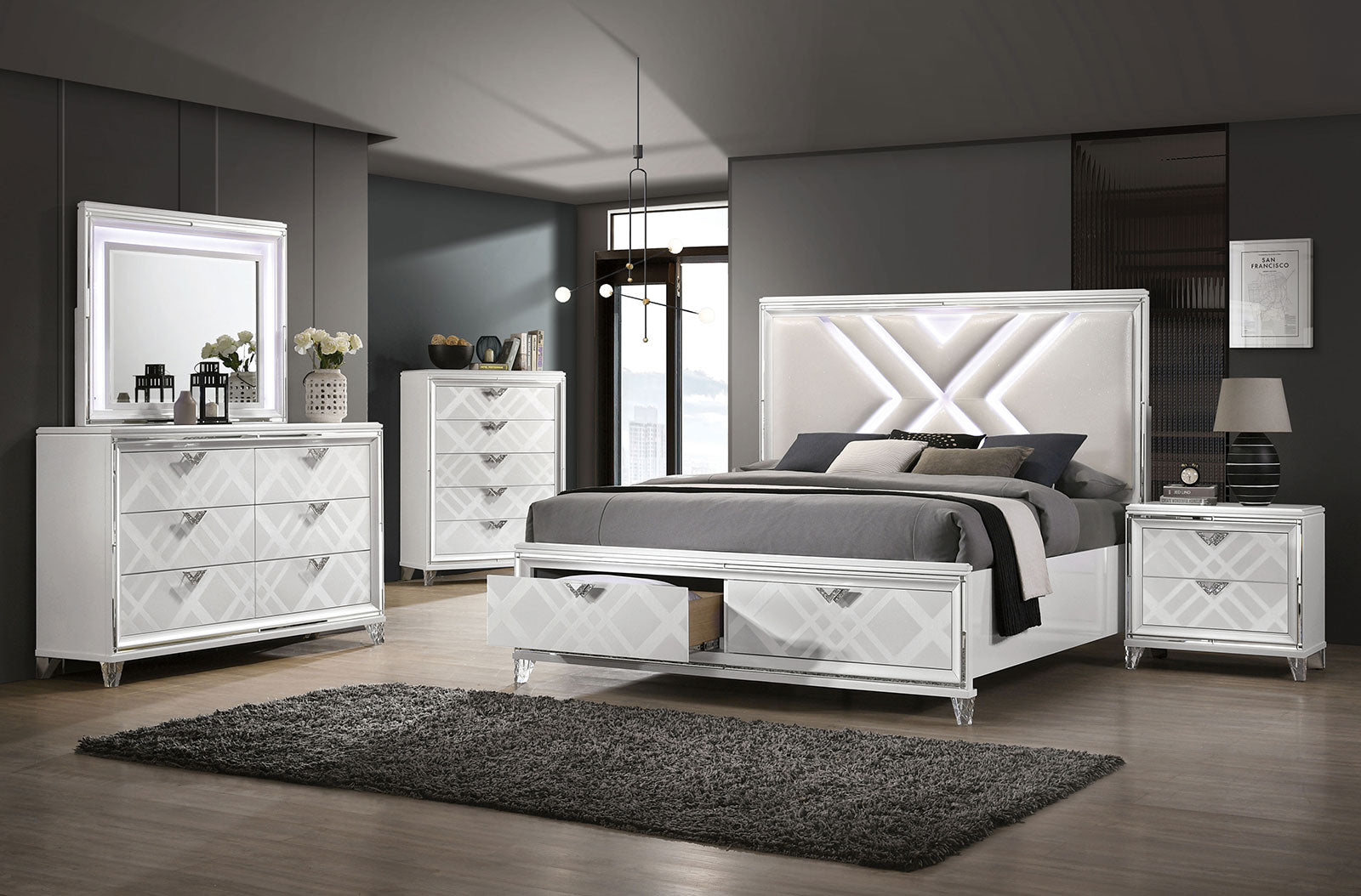 Emmeline White 5 Pc Queen Bedroom Set - Ornate Home