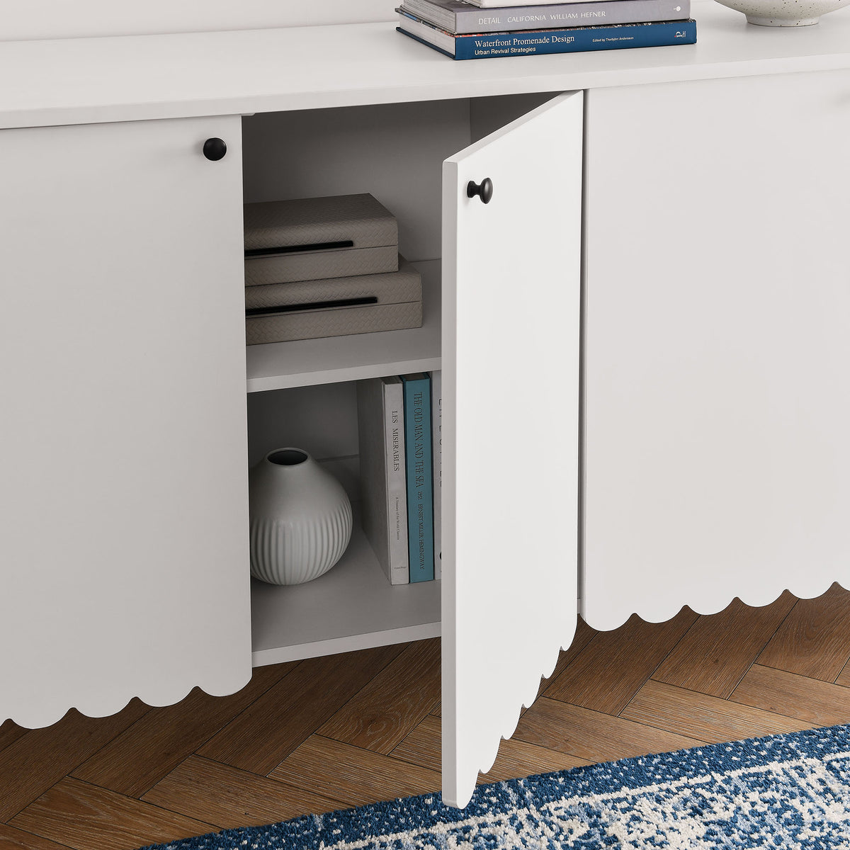 Emmeline White 66" 4-Door Scalloped Sideboard Cabinet - Ornate Home