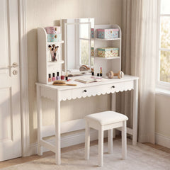 Emmeline White/Ivory Scalloped Makeup Vanity Desk With LED Mirror and Stool - Ornate Home