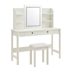 Emmeline White/Ivory Scalloped Makeup Vanity Desk With LED Mirror and Stool - Ornate Home