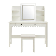 Emmeline White/Ivory Scalloped Makeup Vanity Desk With LED Mirror and Stool - Ornate Home
