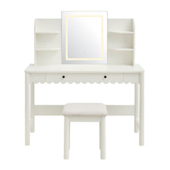 Emmeline White/Ivory Scalloped Makeup Vanity Desk With LED Mirror and Stool - Ornate Home