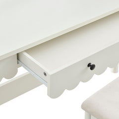Emmeline White/Ivory Scalloped Makeup Vanity Desk With LED Mirror and Stool - Ornate Home