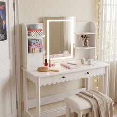 Emmeline White/Ivory Scalloped Makeup Vanity Desk With LED Mirror and Stool - Ornate Home