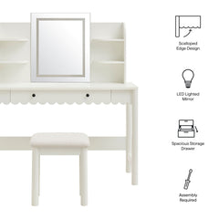 Emmeline White/Ivory Scalloped Makeup Vanity Desk With LED Mirror and Stool - Ornate Home