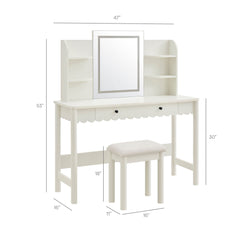 Emmeline White/Ivory Scalloped Makeup Vanity Desk With LED Mirror and Stool - Ornate Home