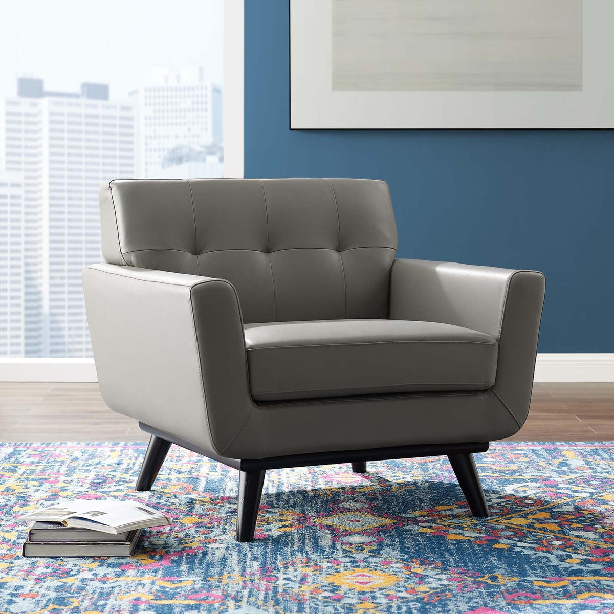Engage Gray Top-Grain Leather Living Room Lounge Accent Armchair - Ornate Home
