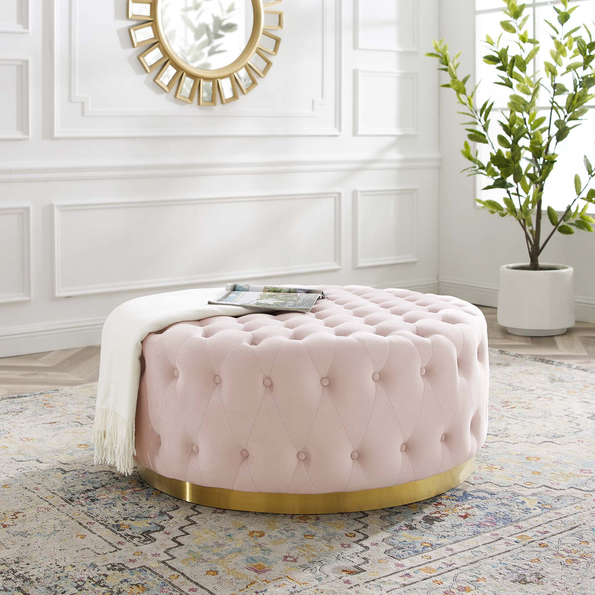 Ensconce Pink Tufted Performance Velvet Round Ottoman - Ornate Home