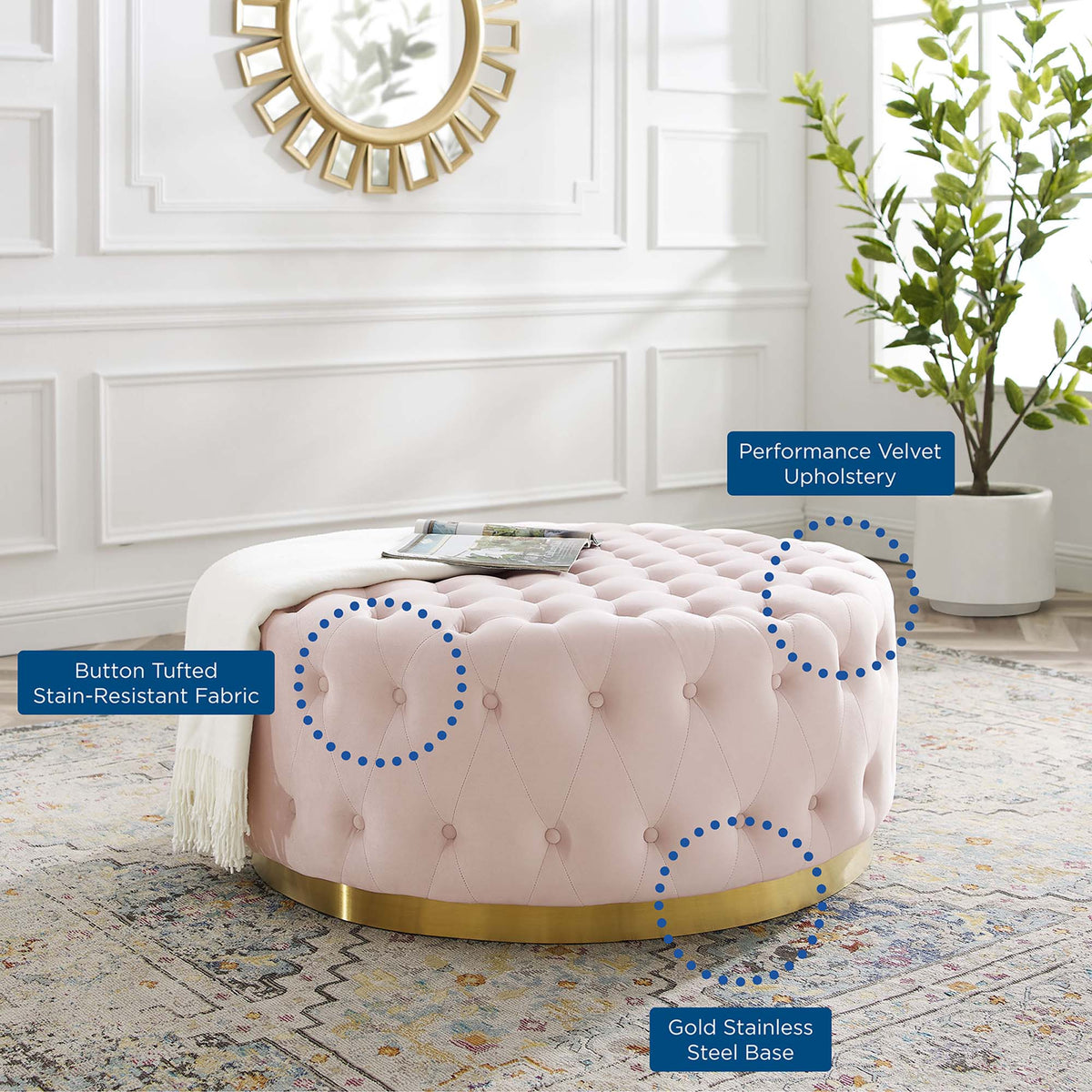 Ensconce Pink Tufted Performance Velvet Round Ottoman - Ornate Home