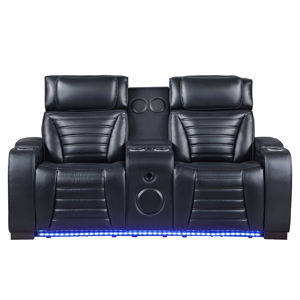 Ephron Black Power Motion Loveseat w/ Console, Power Headrests, LED & Speakers - Ornate Home