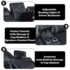 Ephron Black Power Motion Loveseat w/ Console, Power Headrests, LED & Speakers - Ornate Home