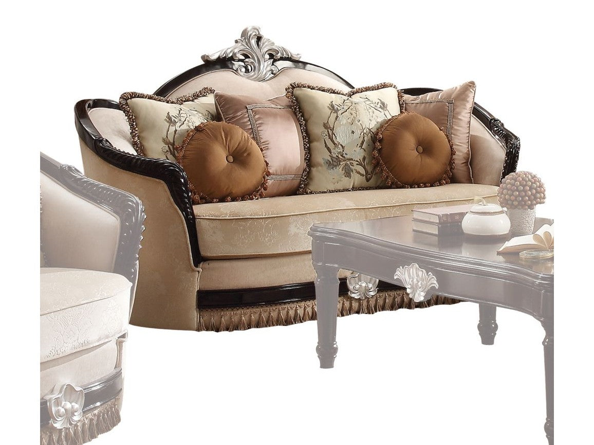 Ernestine Loveseat with 6 Pillows in Tan and Black - Ornate Home