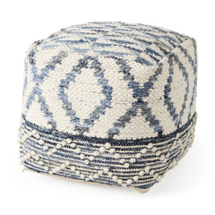 Eshana Cream Wool and Denim Patterned Pouf - Ornate Home
