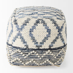 Eshana Cream Wool and Denim Patterned Pouf - Ornate Home